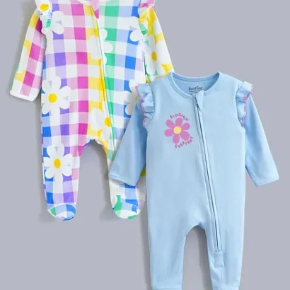 Bonfino 100% Cotton Flowers Printed Full Sleeves Frilled Footed Sleep Suits 6-9m