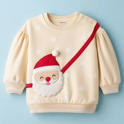 Babyhug Cotton Knit Full Sleeves Sweatshirt With Santa Claus Applique - Beige 6-9m