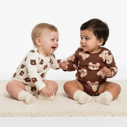 Bonfino 100% Cotton Teddy Bear Printed Onesies (Pack of 2) - Cream & Brown 6-9m