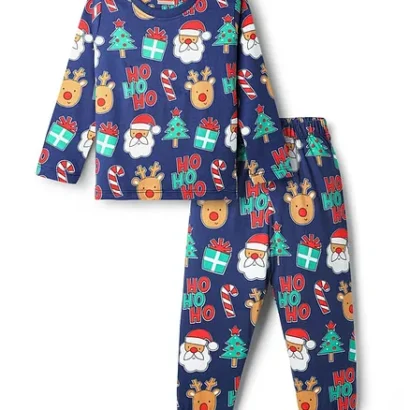 Babyhug Cotton Knit Full Sleeve Full Sleeves T-Shirt and Pajama Night Suit with Christmas Print - Navy Blue