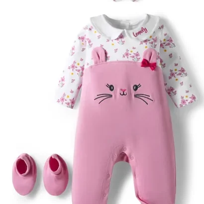 Babyhug 100% Cotton Knit Full Sleeves Bunny Embroidered Romper With Hairband & Booties - Pink 6-9m