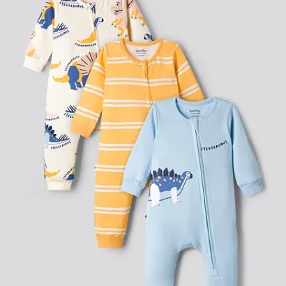 Bonfino 100% Cotton Knit Full Sleeves Romper with Stripes and Dino Print (Pack of 3) - YellowLight Blue 3-6m