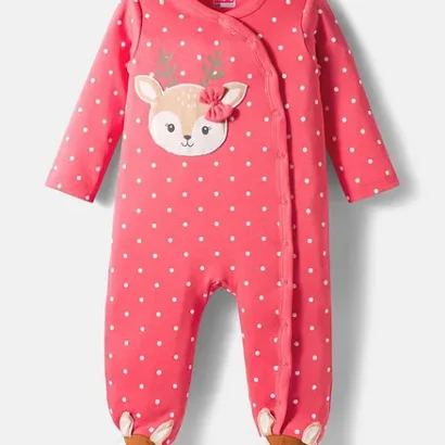 Babyhug Cotton Knit Full Sleeves Sleepsuit With Polka Dot Print & Bear Patch - Pink