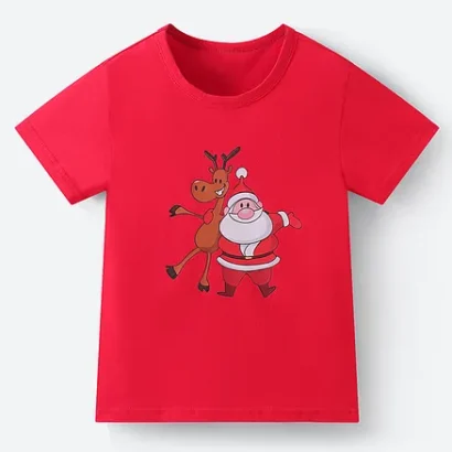 SAPS Cotton Christmas Theme Reindeer and Santa Printed Short Sleeves T-Shirt
