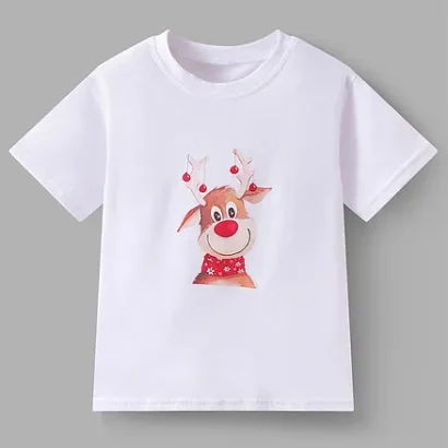 SAPS Cotton Christmas Theme Reindeer Printed Short Sleeves T-Shirt - White 18-24m