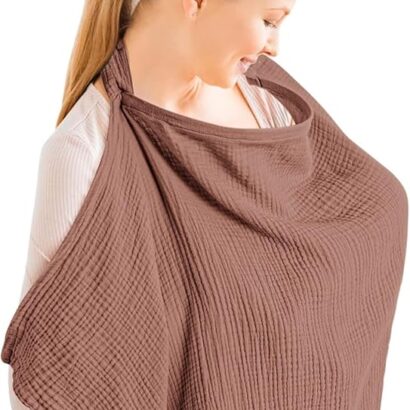 MedMad Muslin Nursing Cover for Baby Breastfeeding, Breathable 100% Cotton Breastfeeding Cover with Rigid Hoop for Mother Nursing Apron, Multi-use Carseat Canopy (Chestnut)